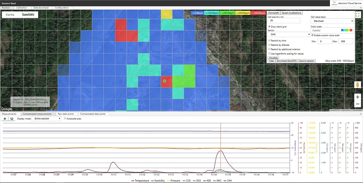 A screen capture from ACS of a heatmap layered on a satellite image on top half and pollution levels at the bottom half.