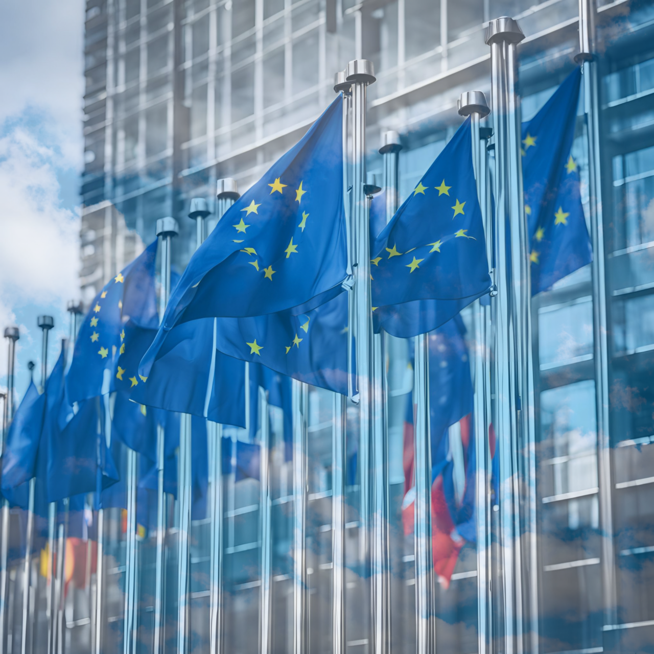 European Union flags flying over cloudy sky